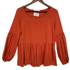 Peruvian Connection Peplum Top Women Size M Orange Balloon‎ Long Sleeve Cotton